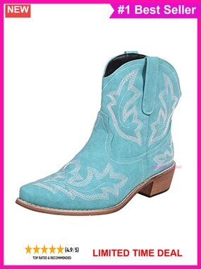 Women's Western Ankle Cowboy Booties Pointed Toe Embroidered Block Heel